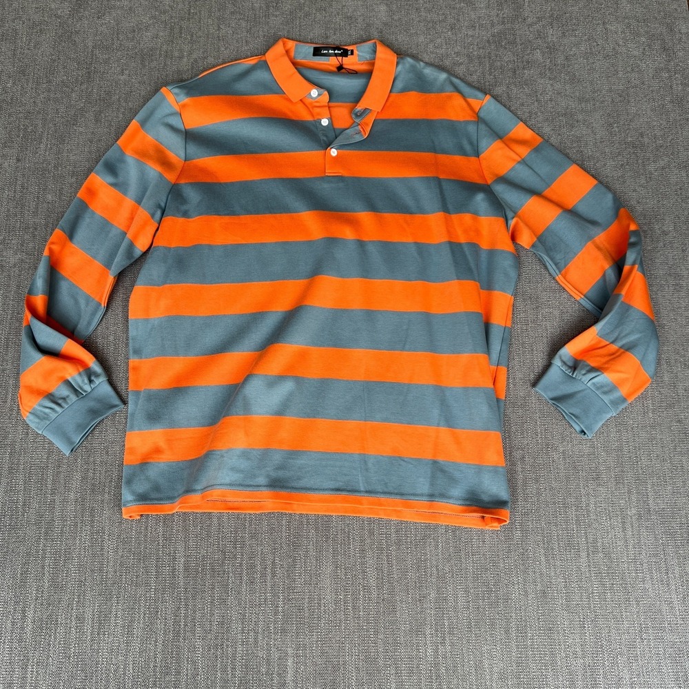 Lars Amadeus Polo Shirt Mens XXL Orange Gray Striped Long Sleeve Stretch Popover